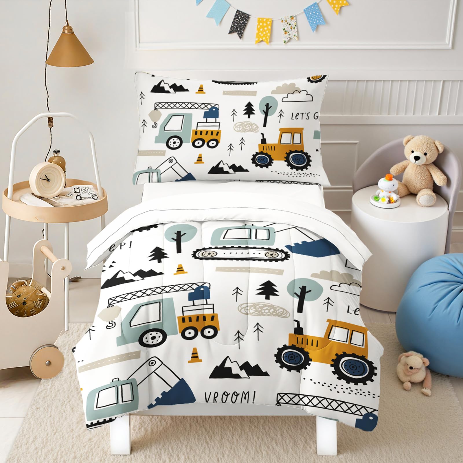 HICAND toddler bedding set truck-pattern on white background inspires imaginative play at bedtime
