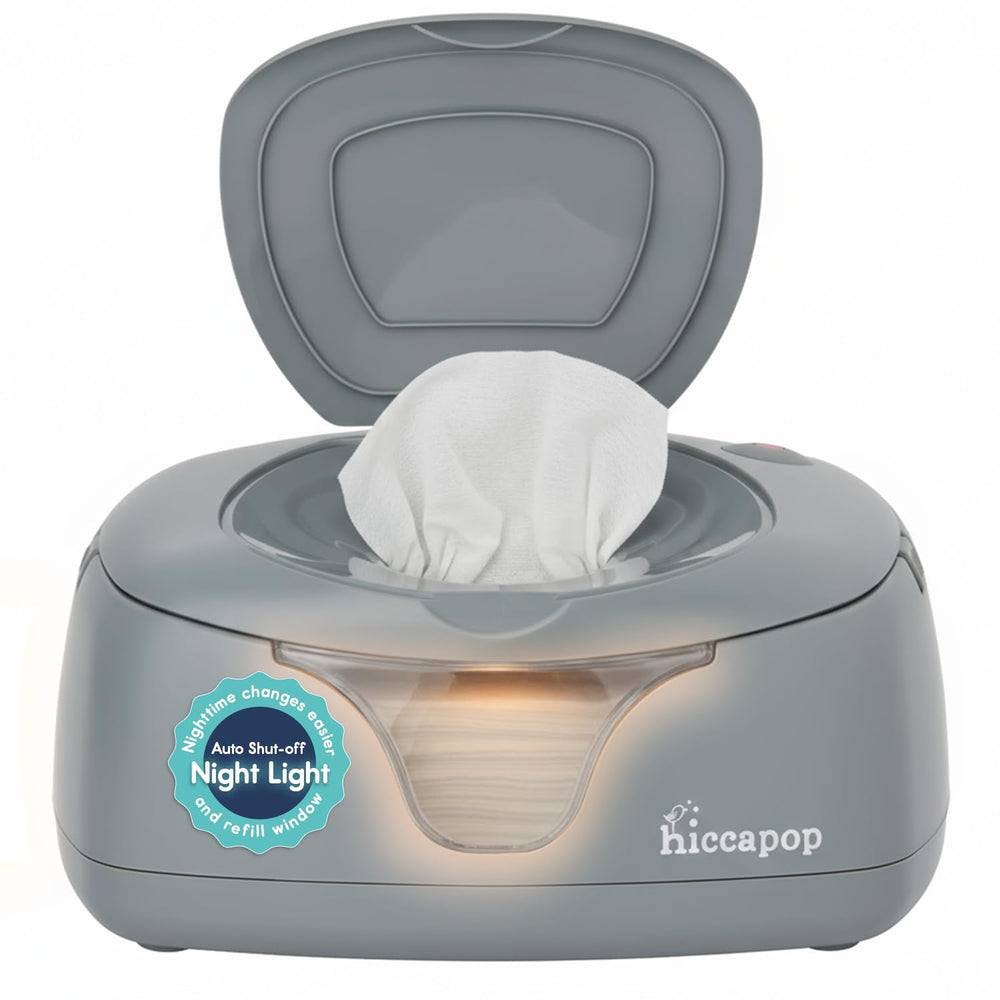 Hiccapop baby wipe warmer with top-heat design keeps wipes warm for quick changes.