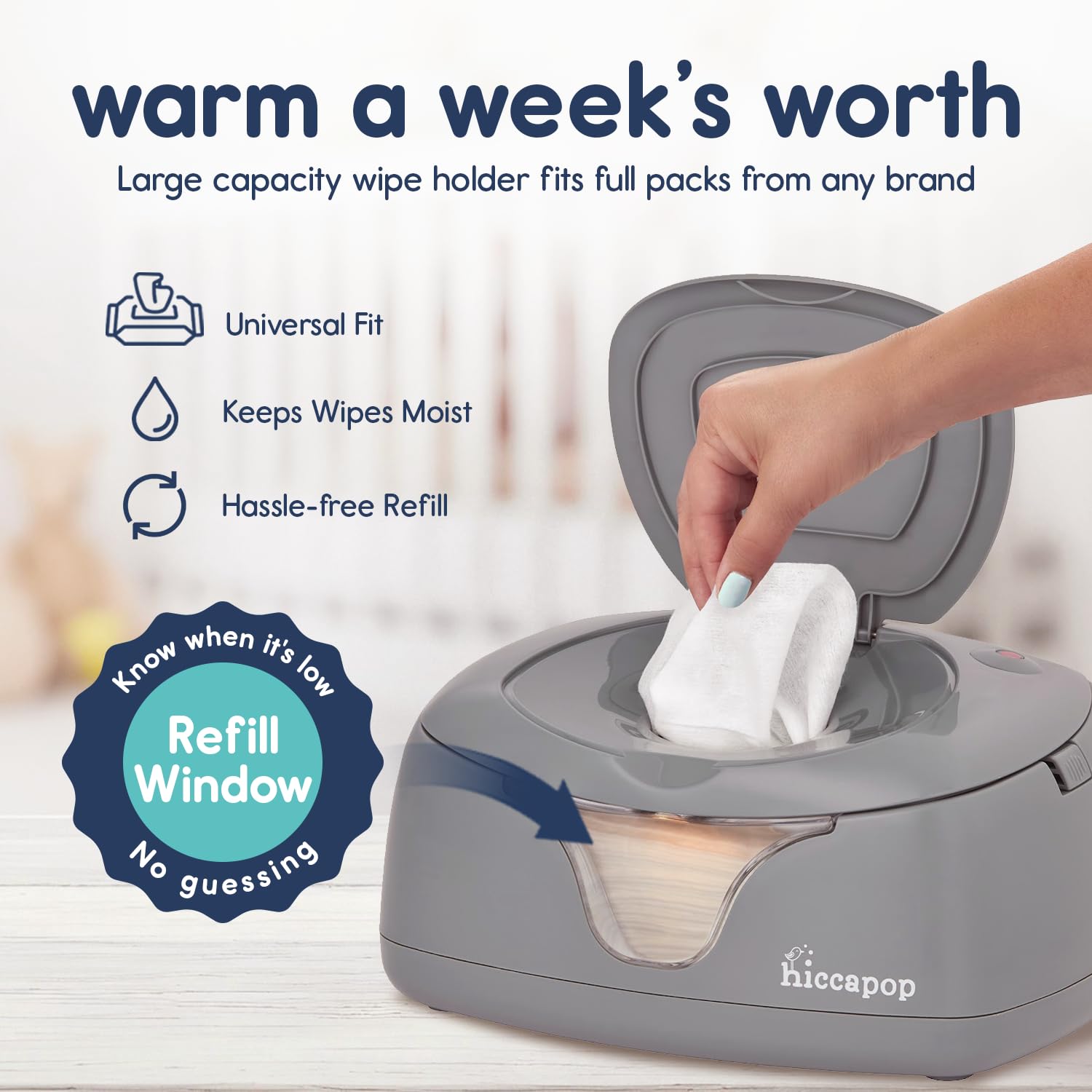 Hiccapop universal dispenser with viewing lens helps monitor wipes at a glance.