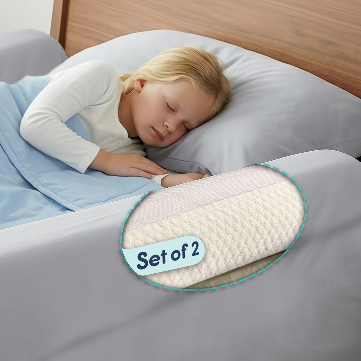 Hiccapop bed bumpers 2-pack for toddlers in use, creating a safer sleeping boundary.