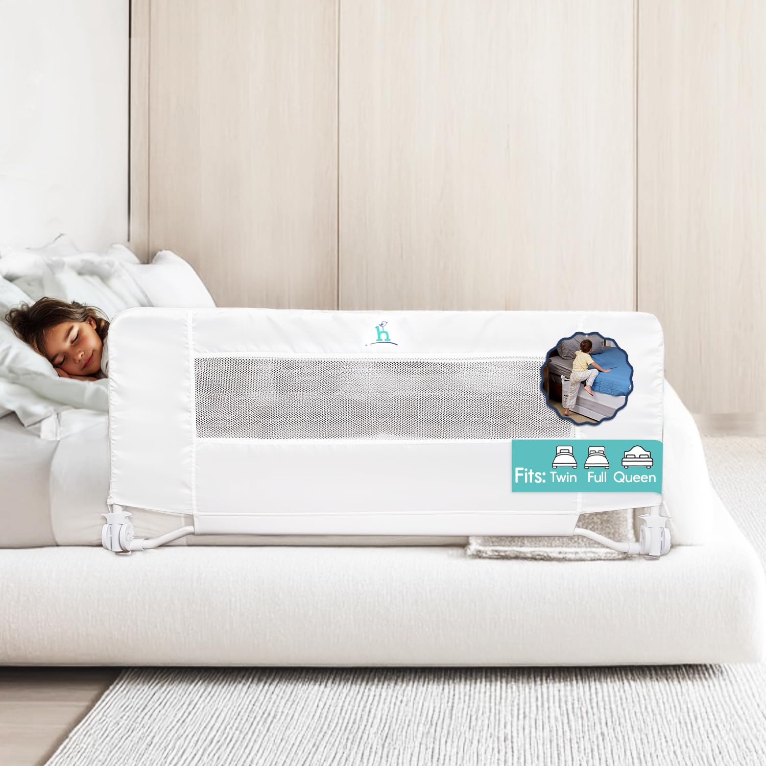 Hiccapop 57-inch bed rail with soft mesh cover for secure toddler sleep.