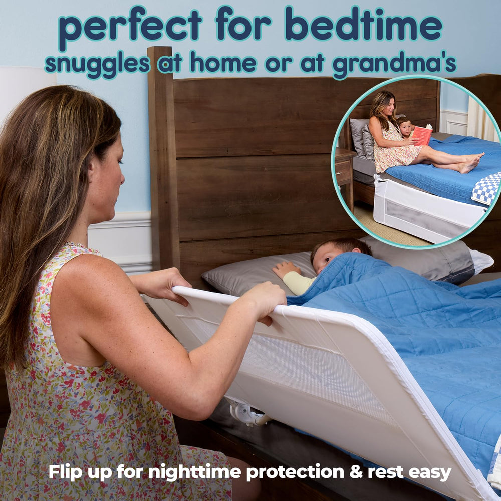 Hiccapop fold-down bed rail offers easy access for storytelling.