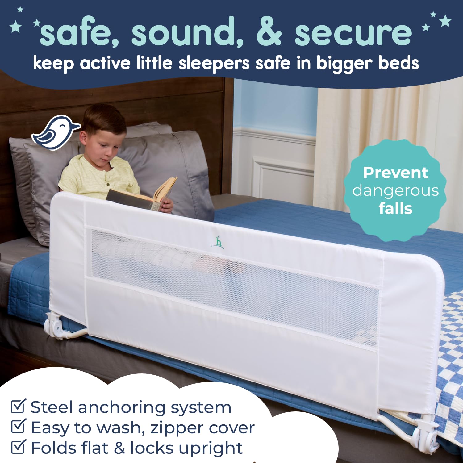 Hiccapop bed rail with swing-down design enables easy bedtime cuddles.