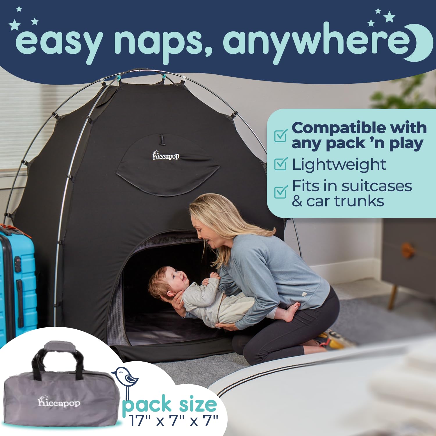 hiccapop Daydreamer travel crib cover blocks light for portable naps
