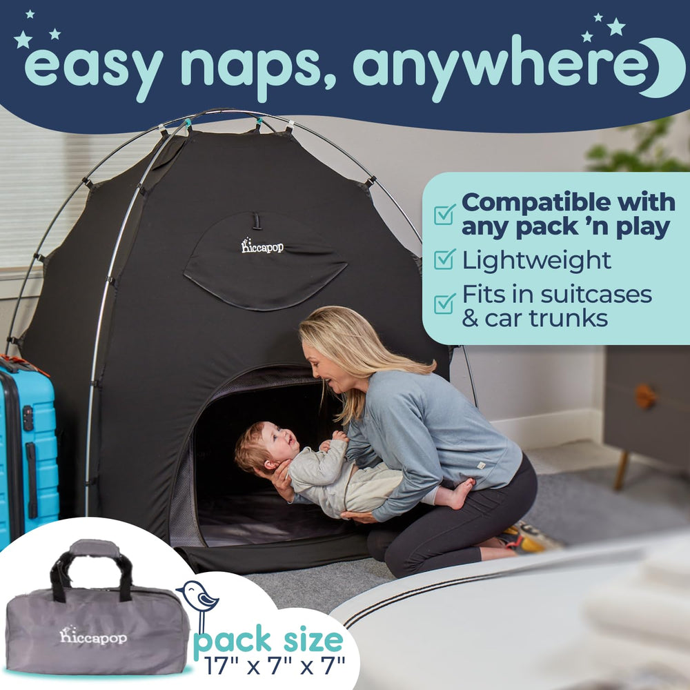 hiccapop Daydreamer travel crib cover blocks light for portable naps