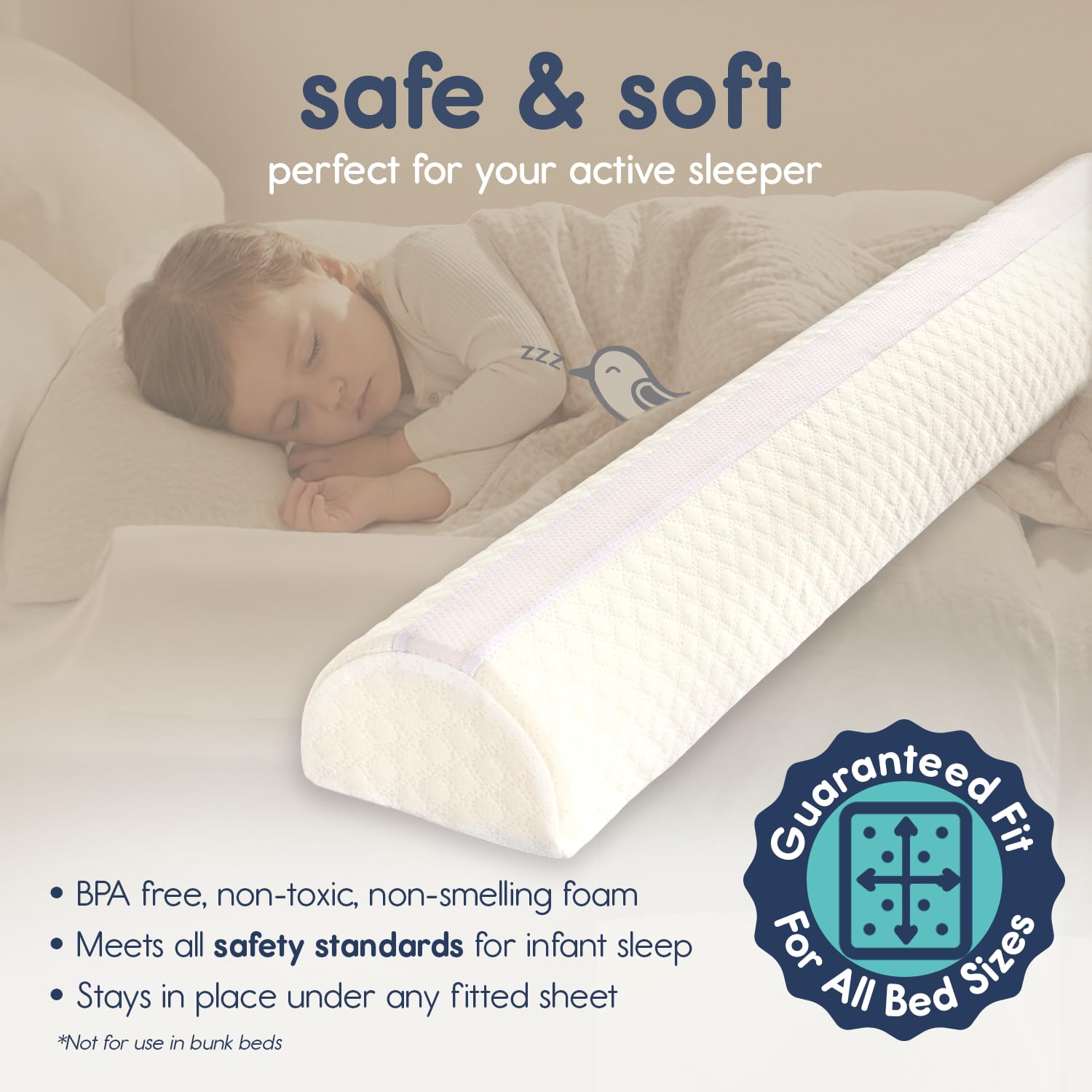 Hiccapop foam safety bed rail reduces gaps and keeps child centered.