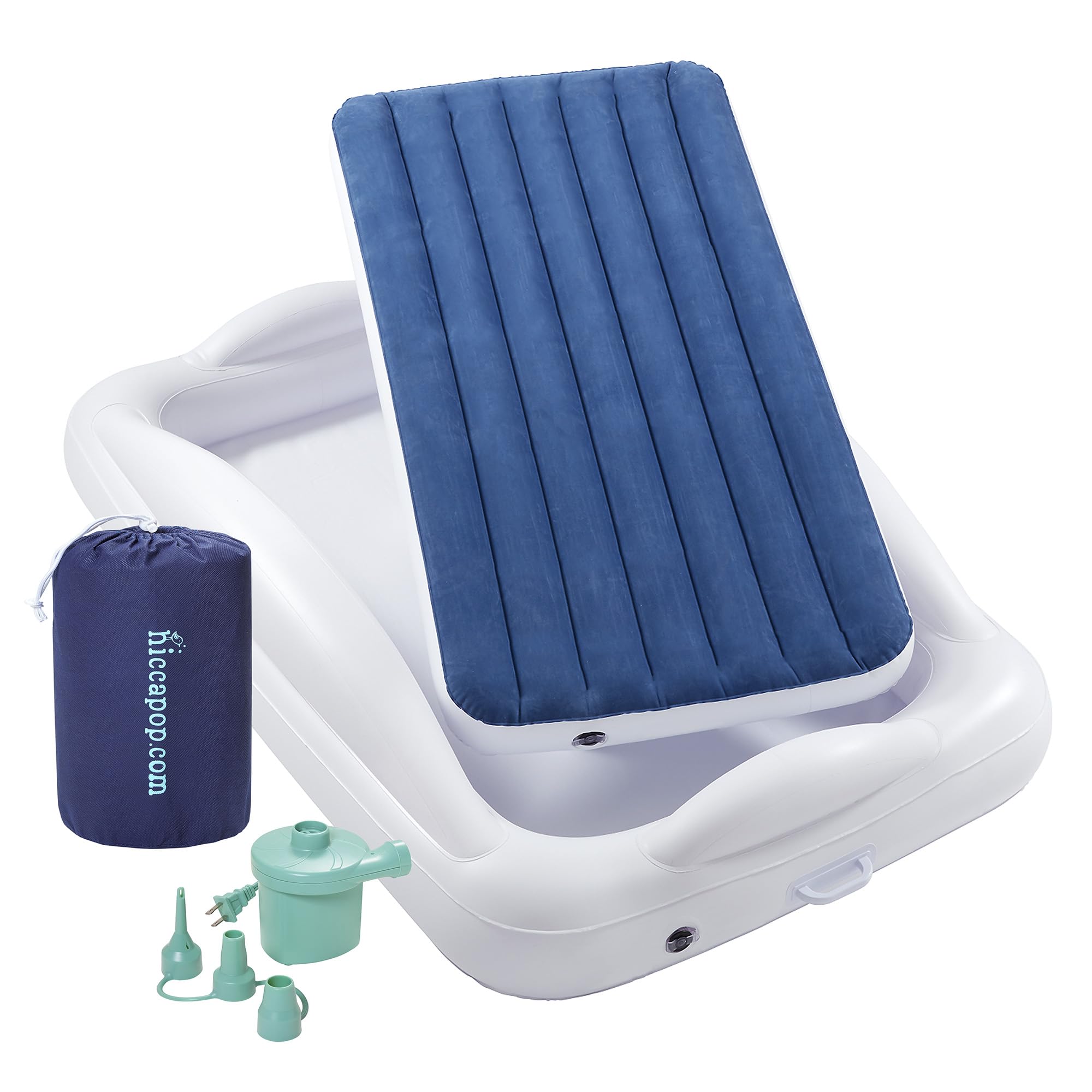 hiccapop inflatable toddler bed with safety bumpers for secure travel.