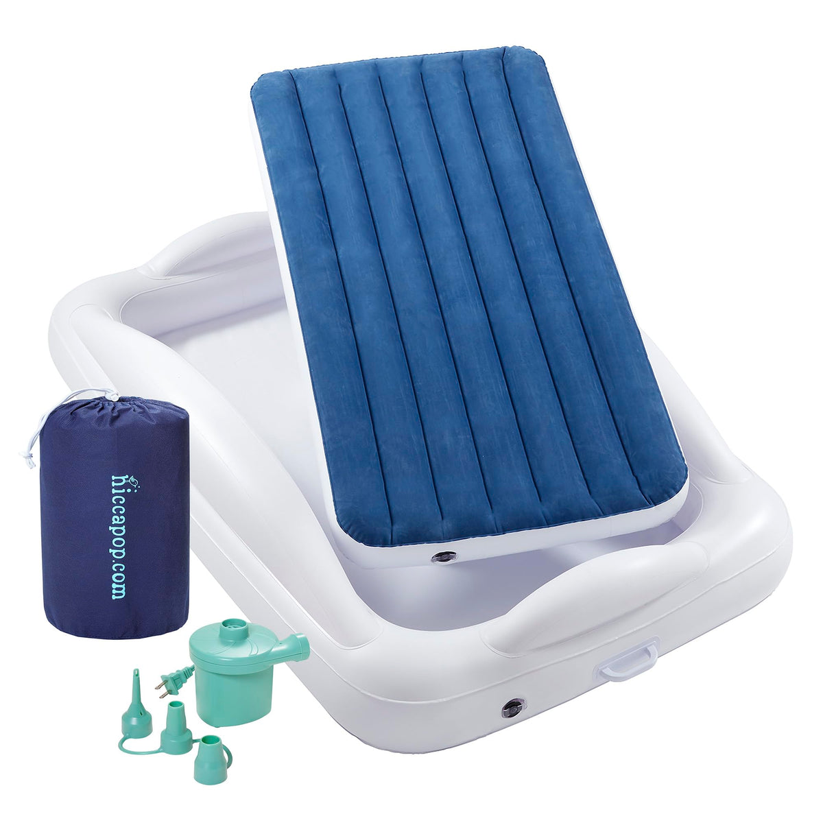 hiccapop inflatable toddler bed with safety bumpers for secure travel.