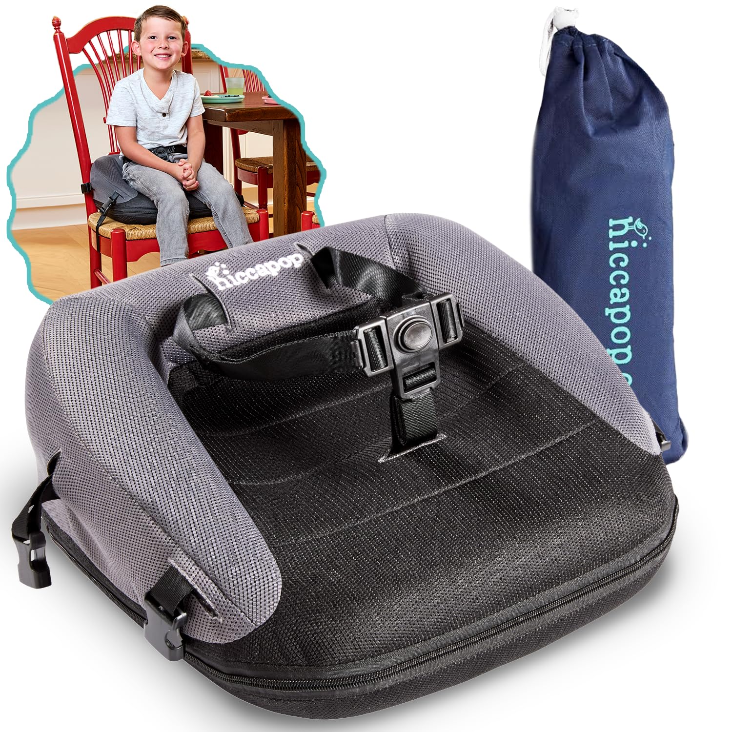 Hiccapop NeoBoost inflatable booster seat, portable for meals at home or on the go.