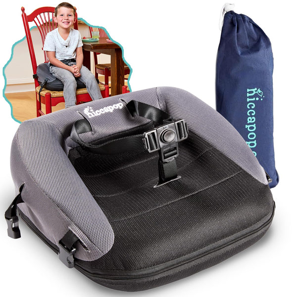 Hiccapop NeoBoost inflatable booster seat, portable for meals at home or on the go.
