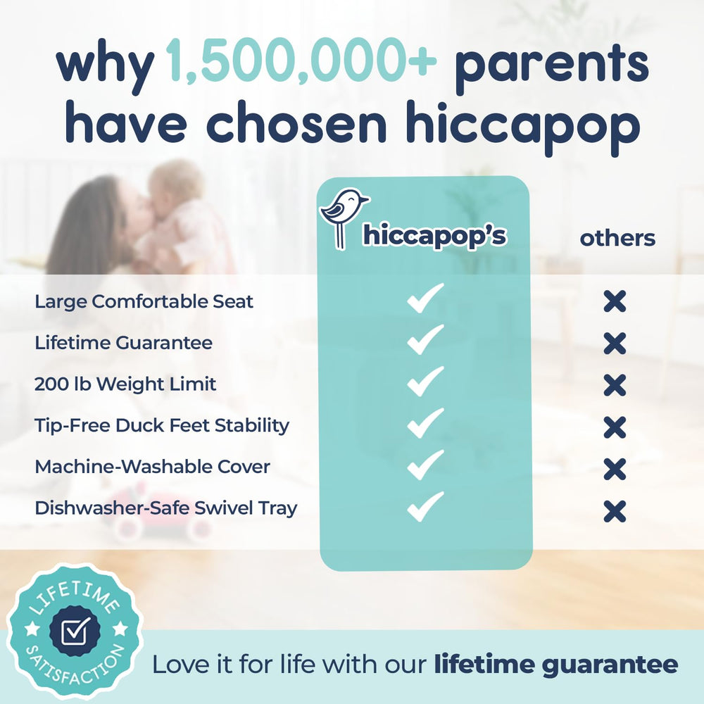 Hiccapop OmniBoost rear pocket stores bibs and spoons for travel.