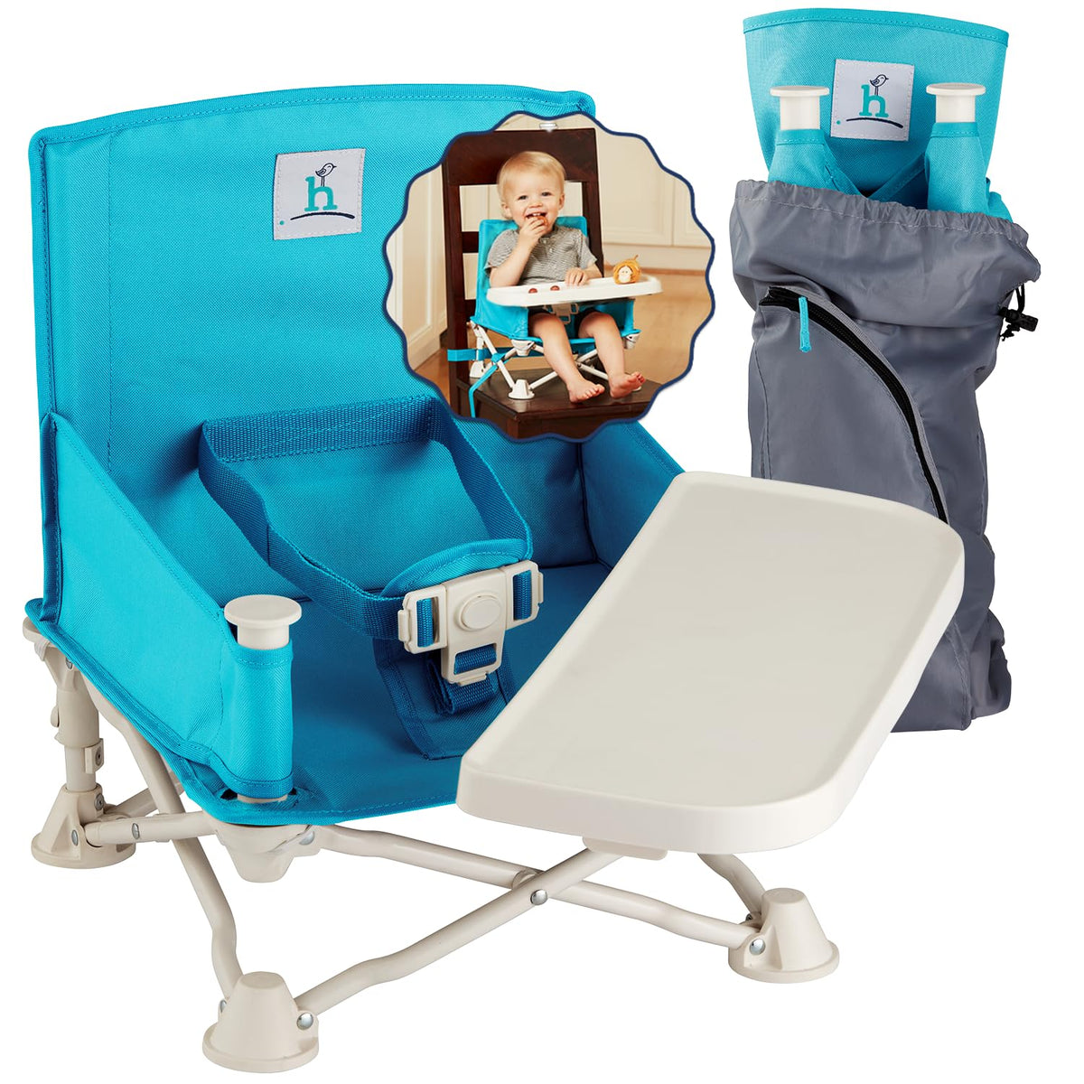 Hiccapop OmniBoost folded frame with carry bag for easy travel and storage.