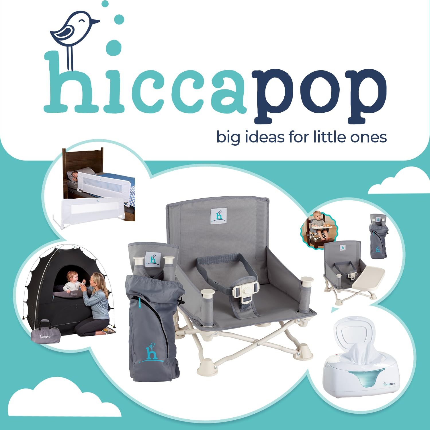 Hiccapop OmniBoost rear pocket keeps bibs and spoons handy