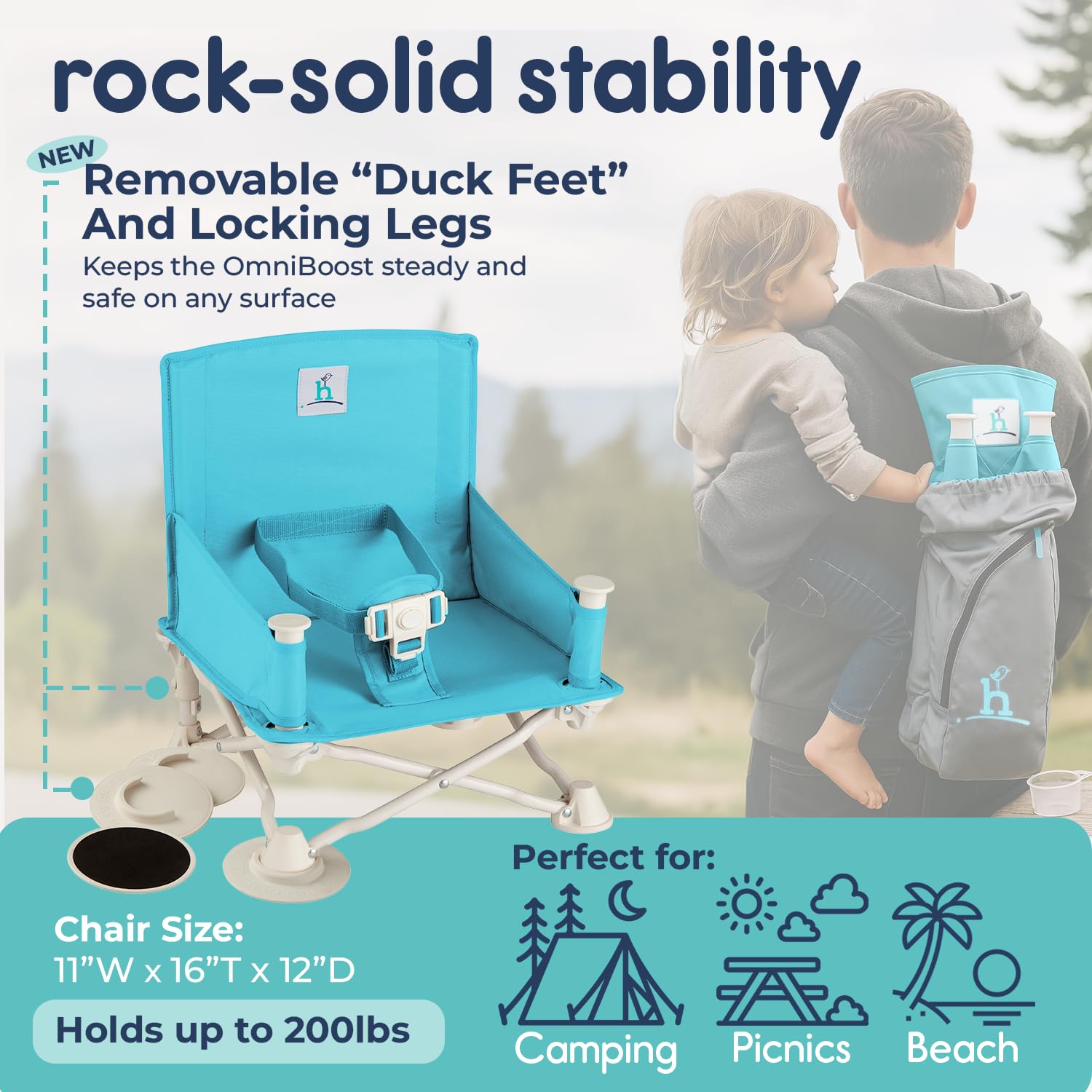 Hiccapop OmniBoost tip-free base provides stable seating on sand or grass.