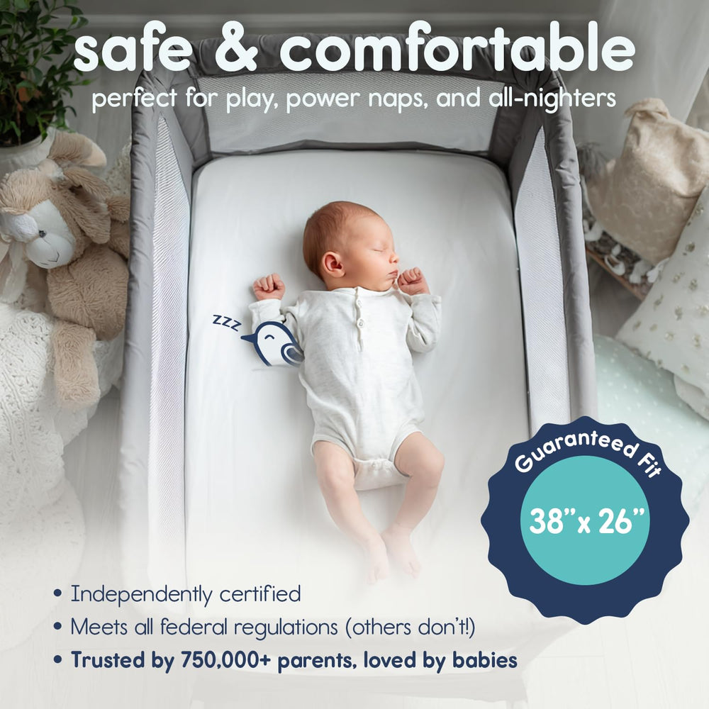 Hiccapop playard mattress pad shows 1.25-inch thick cushion for added comfort.