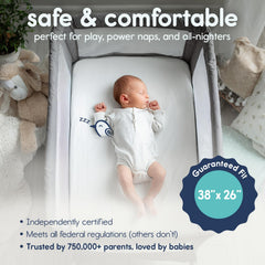 Hiccapop playard mattress pad shows 1.25-inch thick cushion for added comfort.
