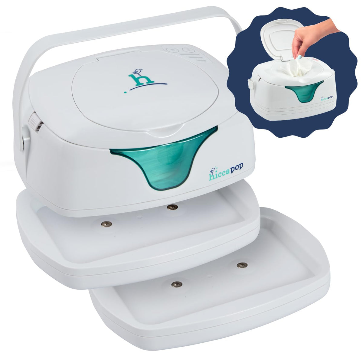 Hiccapop portable wipe warmer with two bases for versatile diapering locations.