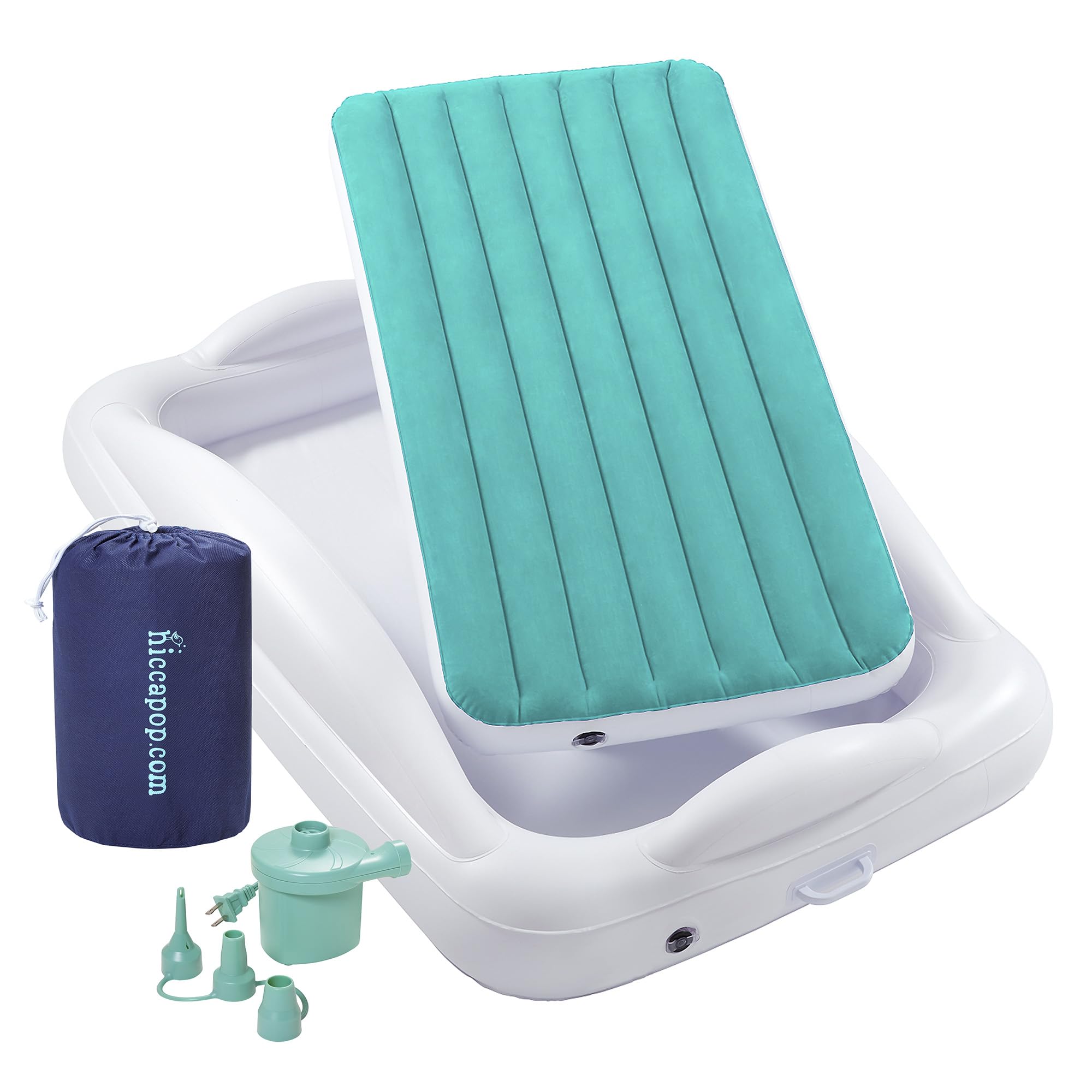 hiccapop inflatable toddler bed teal with 4-sided bumpers for safer travel sleep