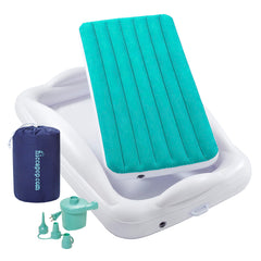 hiccapop inflatable toddler bed teal with 4-sided bumpers for safer travel sleep