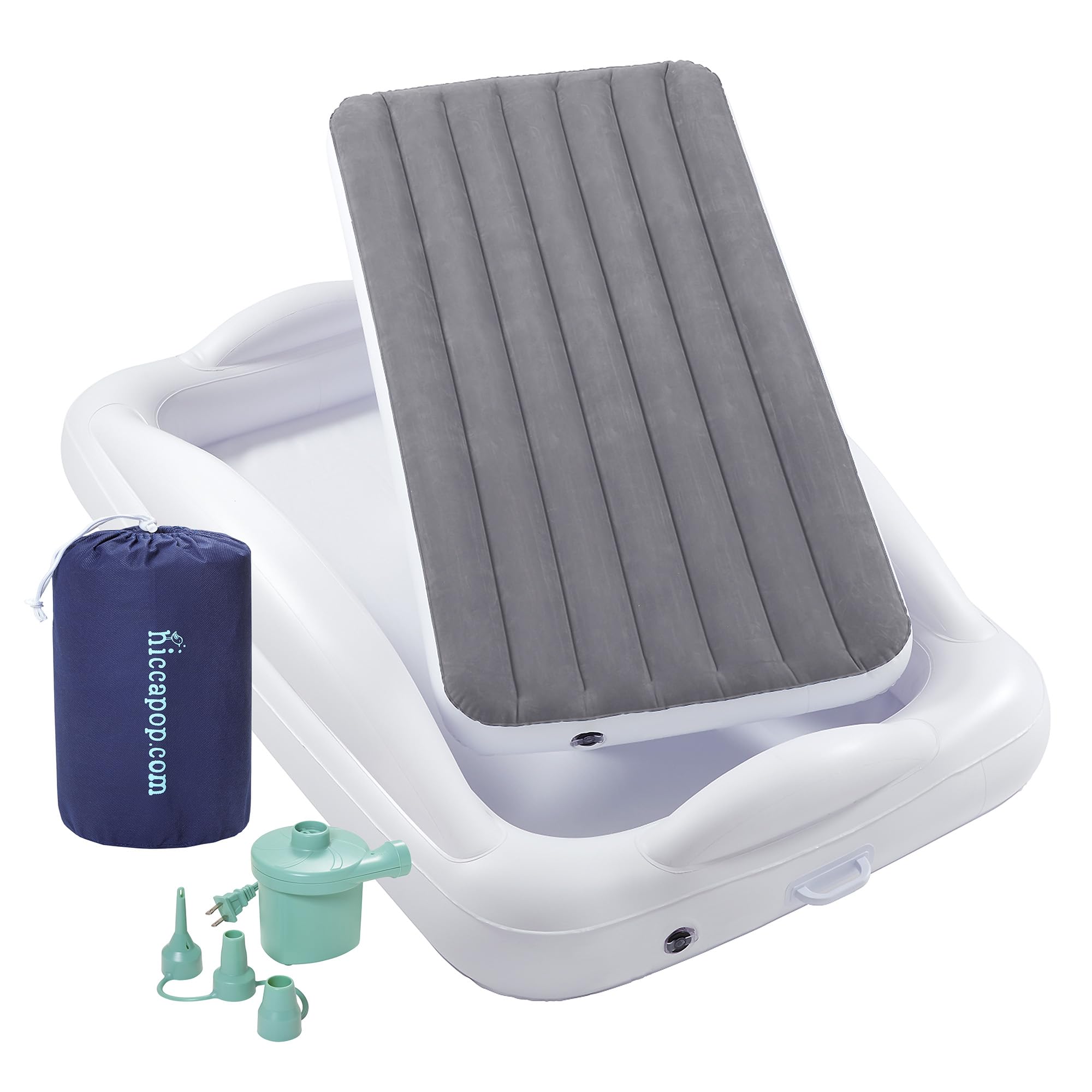 hiccapop toddler travel bed with 4-sided bumpers for travel safety