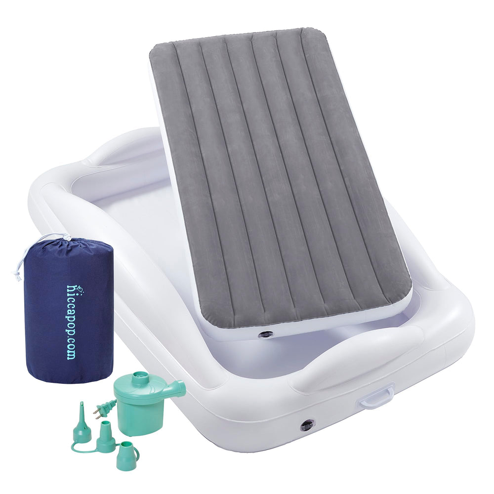 hiccapop toddler travel bed with 4-sided bumpers for travel safety