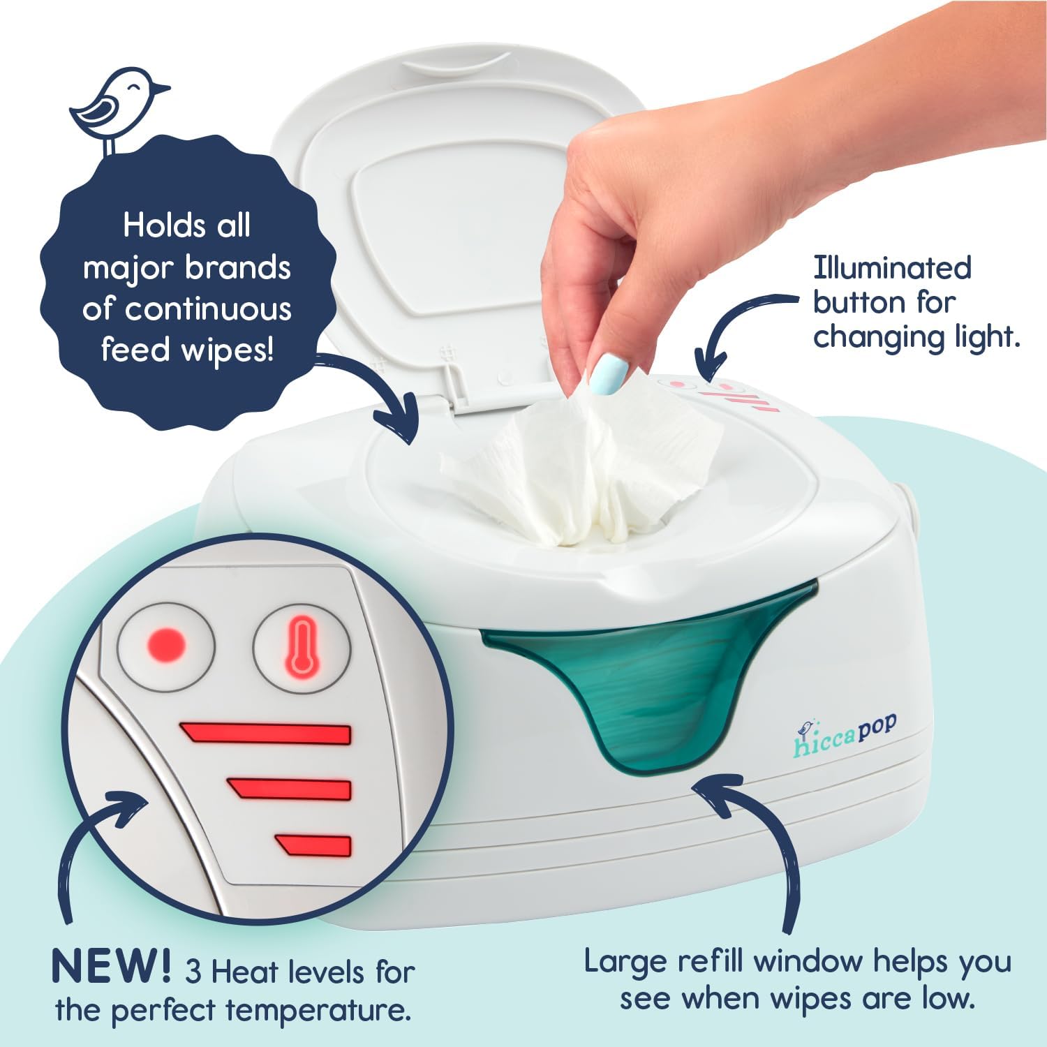 Hiccapop wipe warmer viewing window shows remaining wipes at a glance.