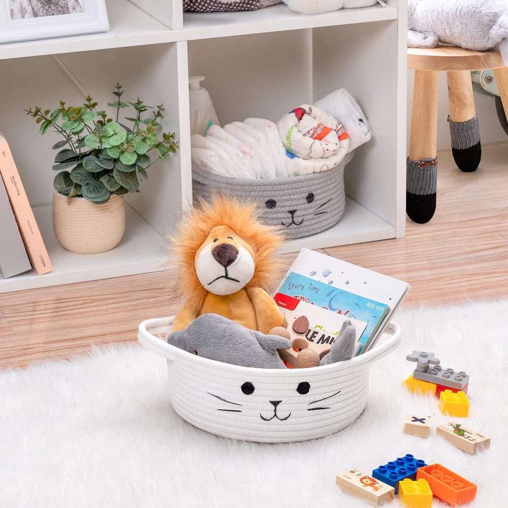 HiChen cat face design white basket adds playful charm to nursery organization.