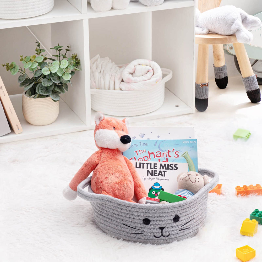HiChen cat toy basket in gray, a cute nursery accent that keeps small items tidy.