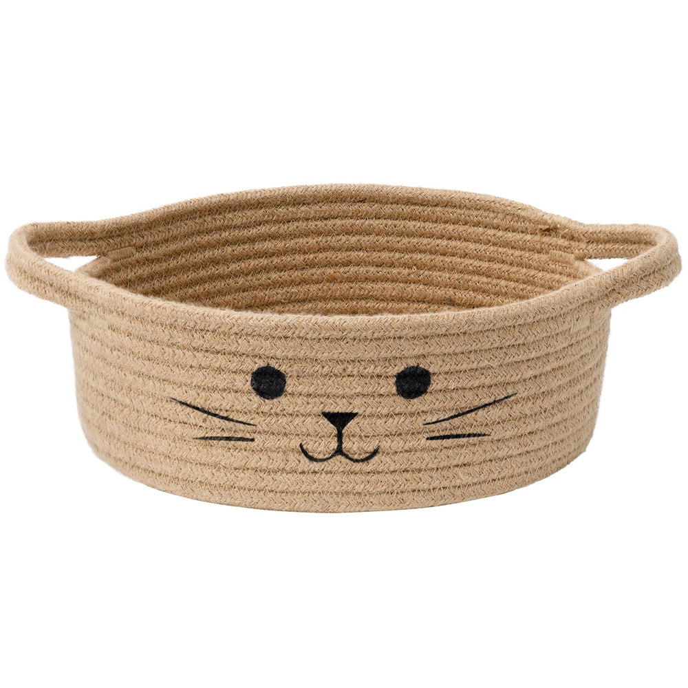 HiChen cat toy bin with eyes, nose and whiskers keeps small toys organized.