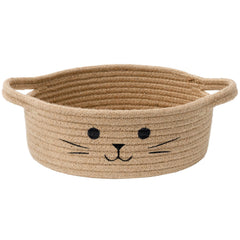 HiChen cat toy bin with eyes, nose and whiskers keeps small toys organized.