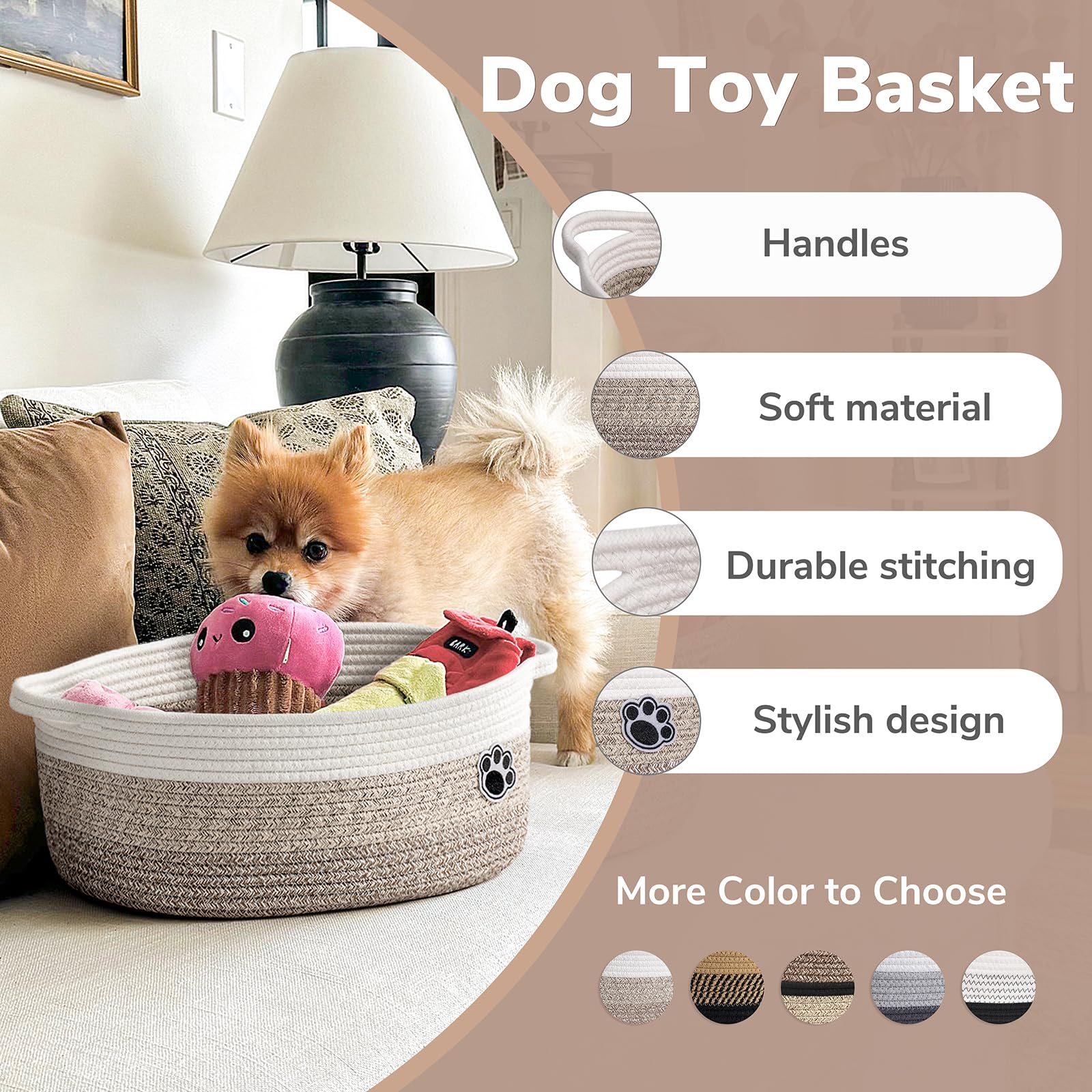 HiChen dog basket size 13.6x10x6 inches keeps toys organized.