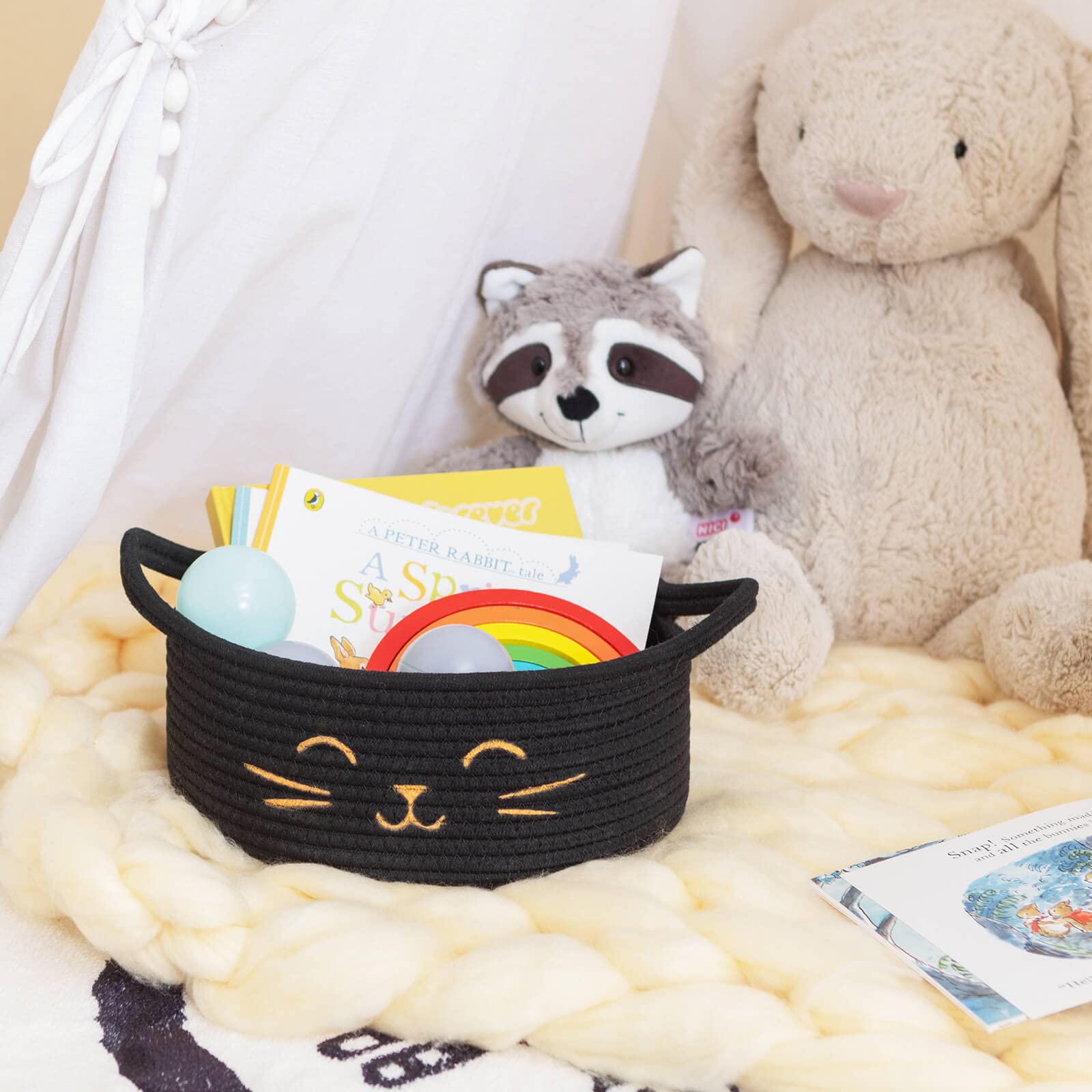 HiChen small-storage-cat-toy-bin provides compact, versatile storage for toys and baby items.