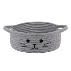 HiChen small woven rope basket with cat face, ideal for toy organization in living rooms.