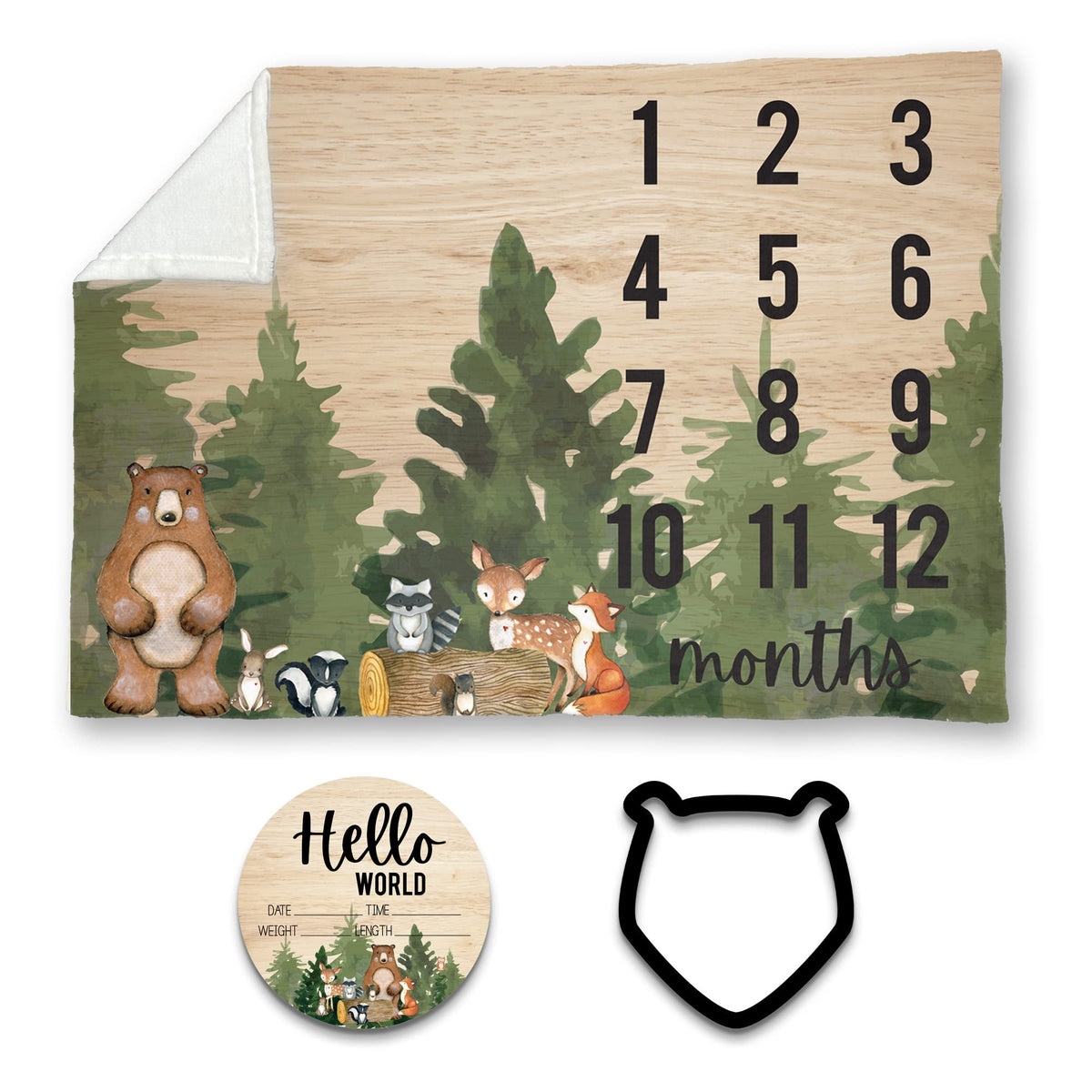 Hickory Hollow Designs woodland milestone blanket laid out for monthly photo sessions