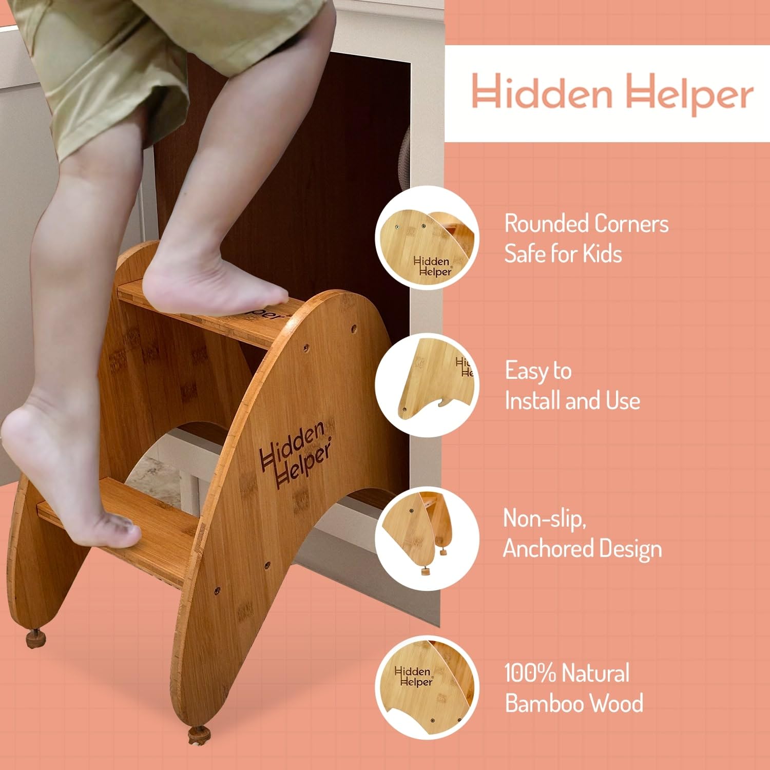 Hidden Helper step stool in use at sink for easy brushing.