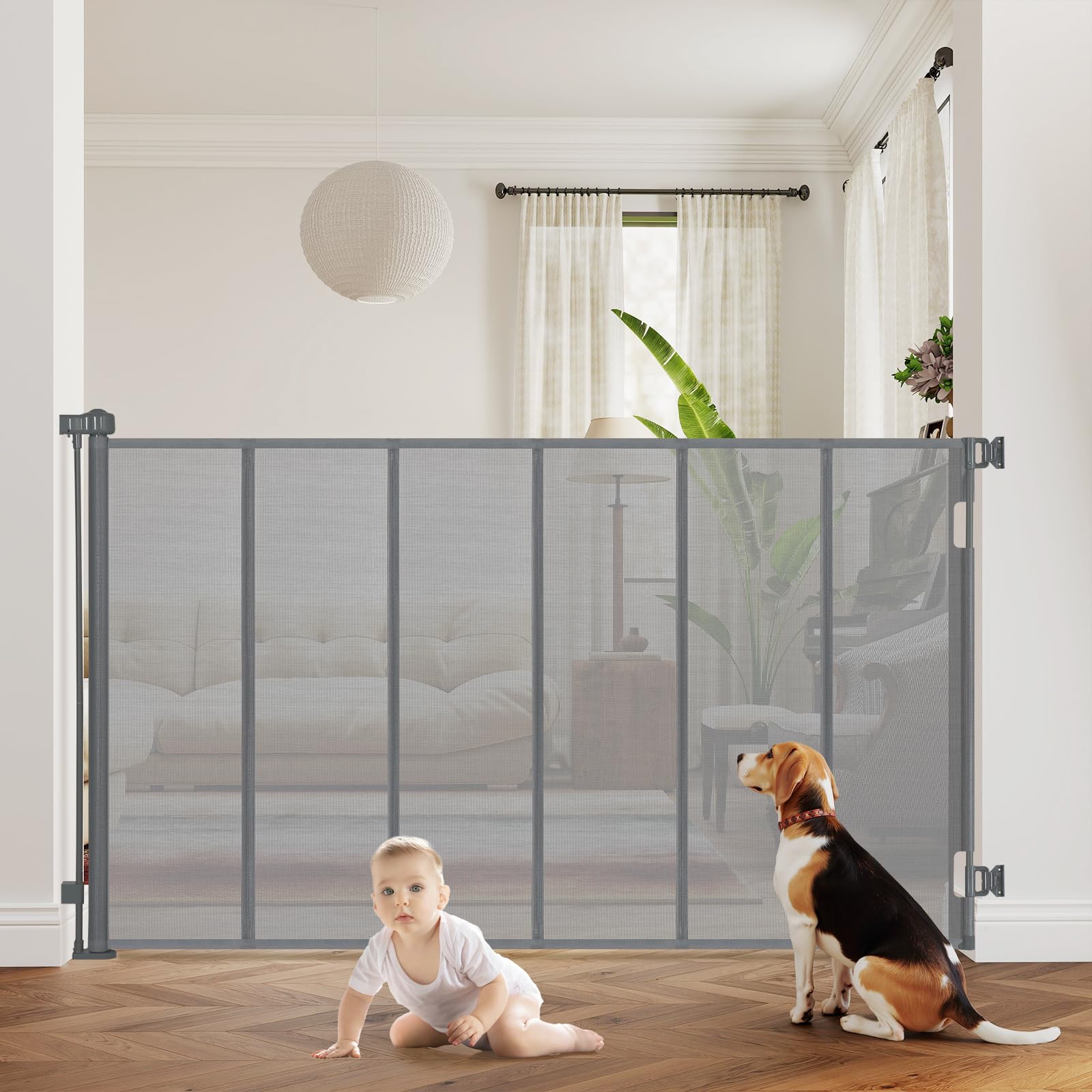 HIDODO 47-inch gate; tall, clear mesh for watching children safely.