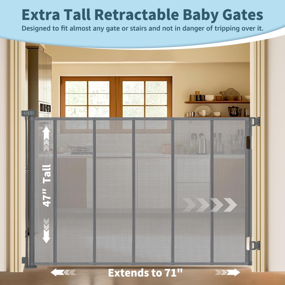 HIDODO retractable mesh gate demonstrating easy width adjustment for diverse openings.