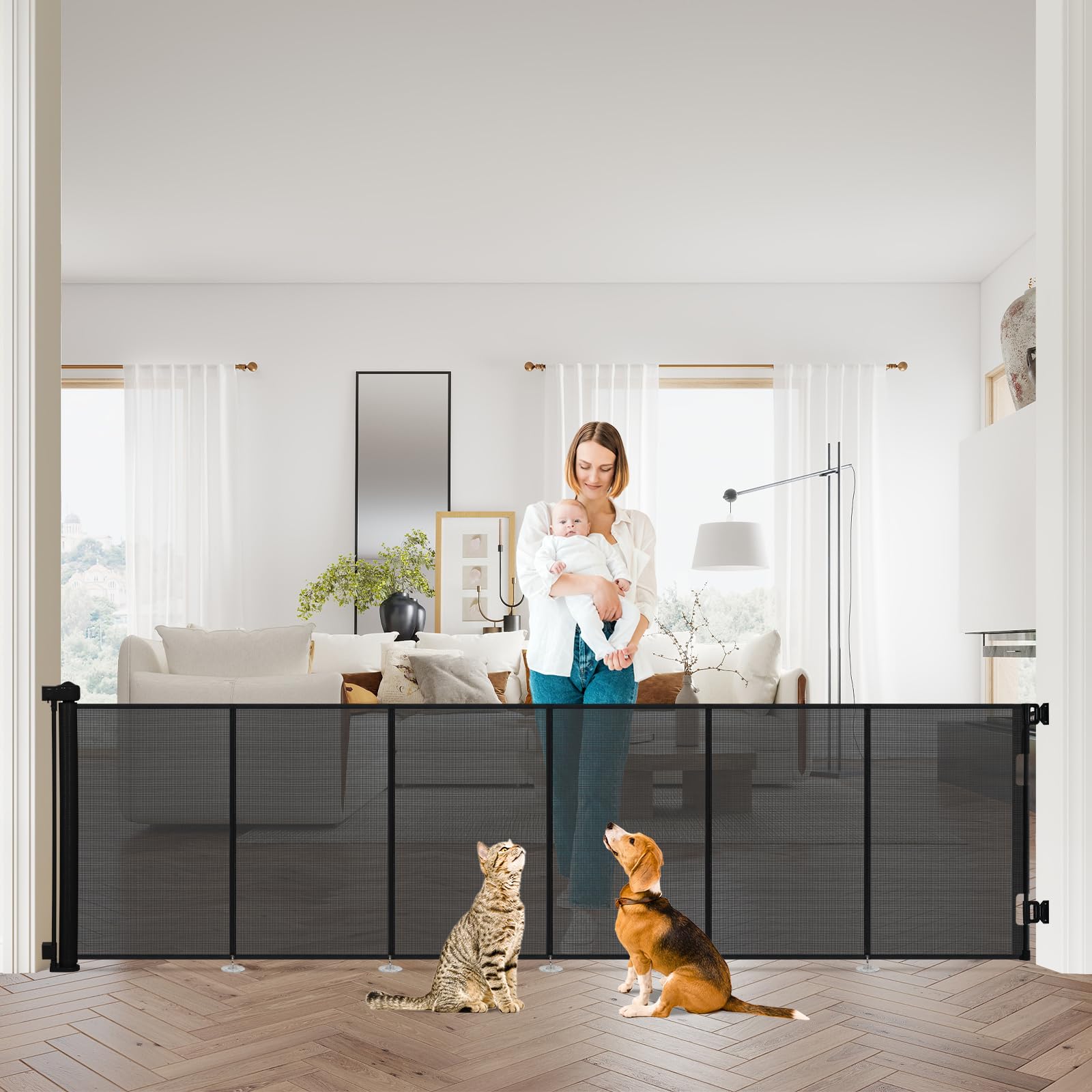 HIDOG 34in tall retractable gate in mesh for safe baby and pet containment.
