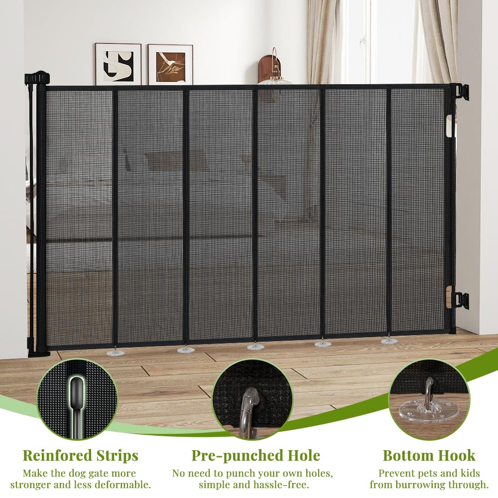 HIDOG extendable gate shows 71-inch wide capacity for doorway use.