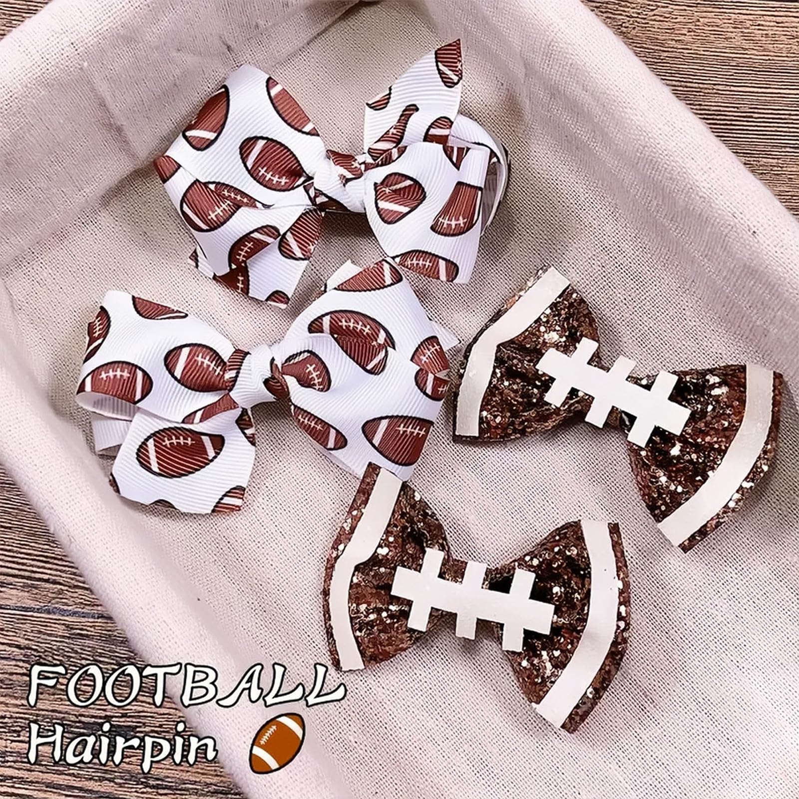 HIFANMM football themed glitter bows clip worn during activity