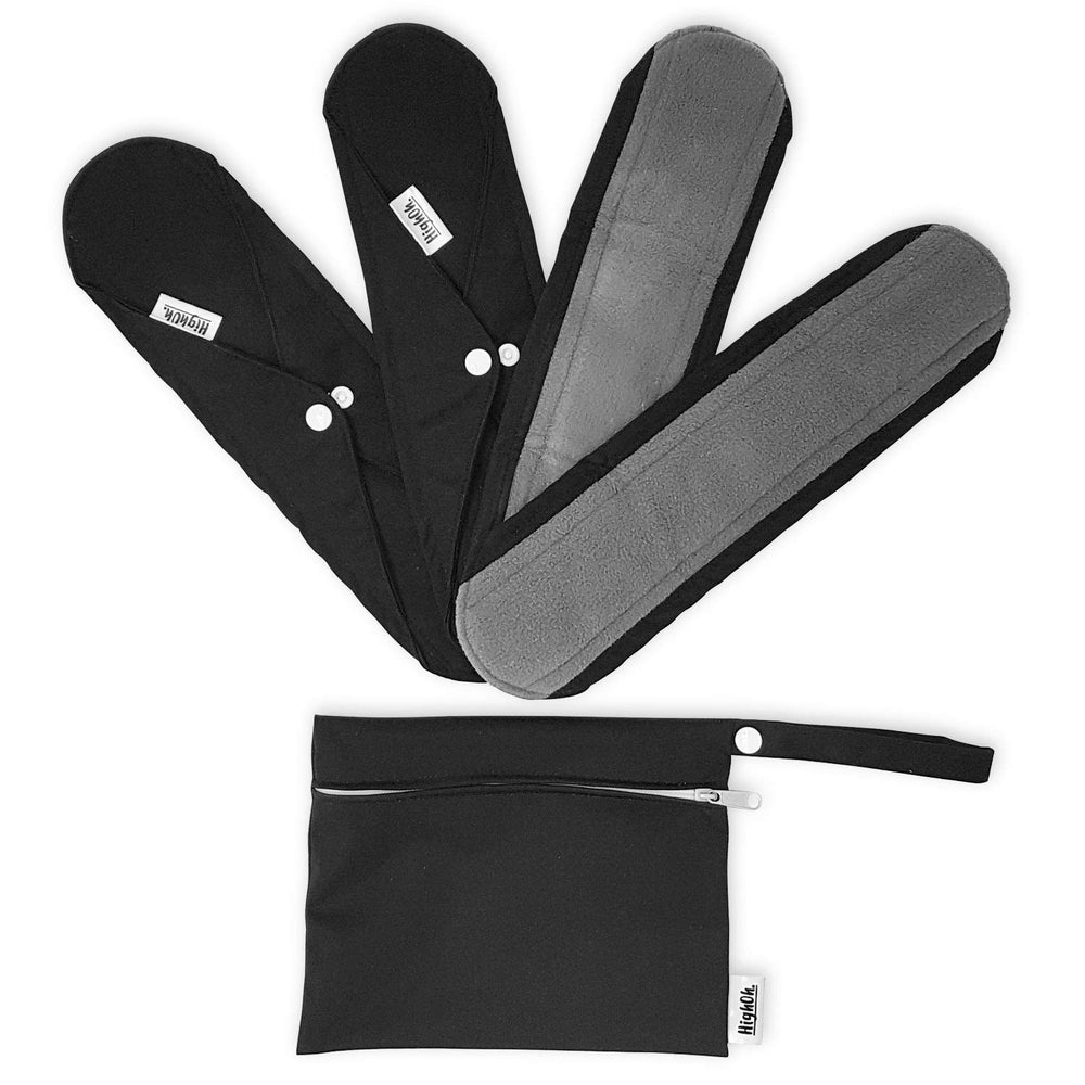 HighOh overnight pad set close-up shows length and secure snaps for leak prevention.