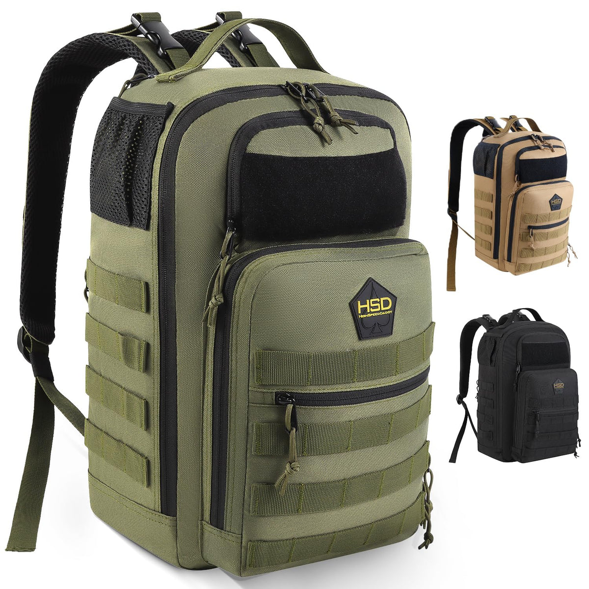 HighSpeedDaddy diaper backpack front view showing rugged, water-resistant exterior.