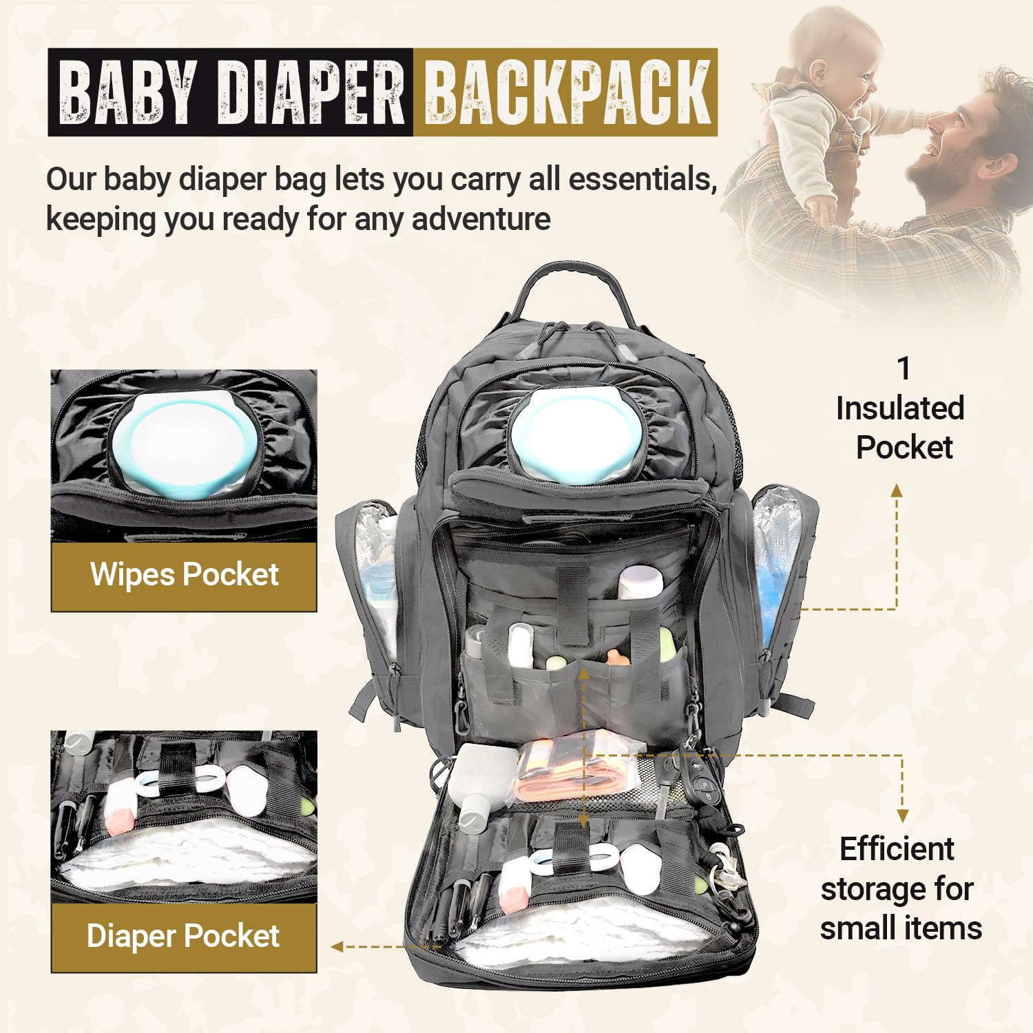 HighSpeedDaddy diaper bag backpack with insulated bottle storage for temperature control.