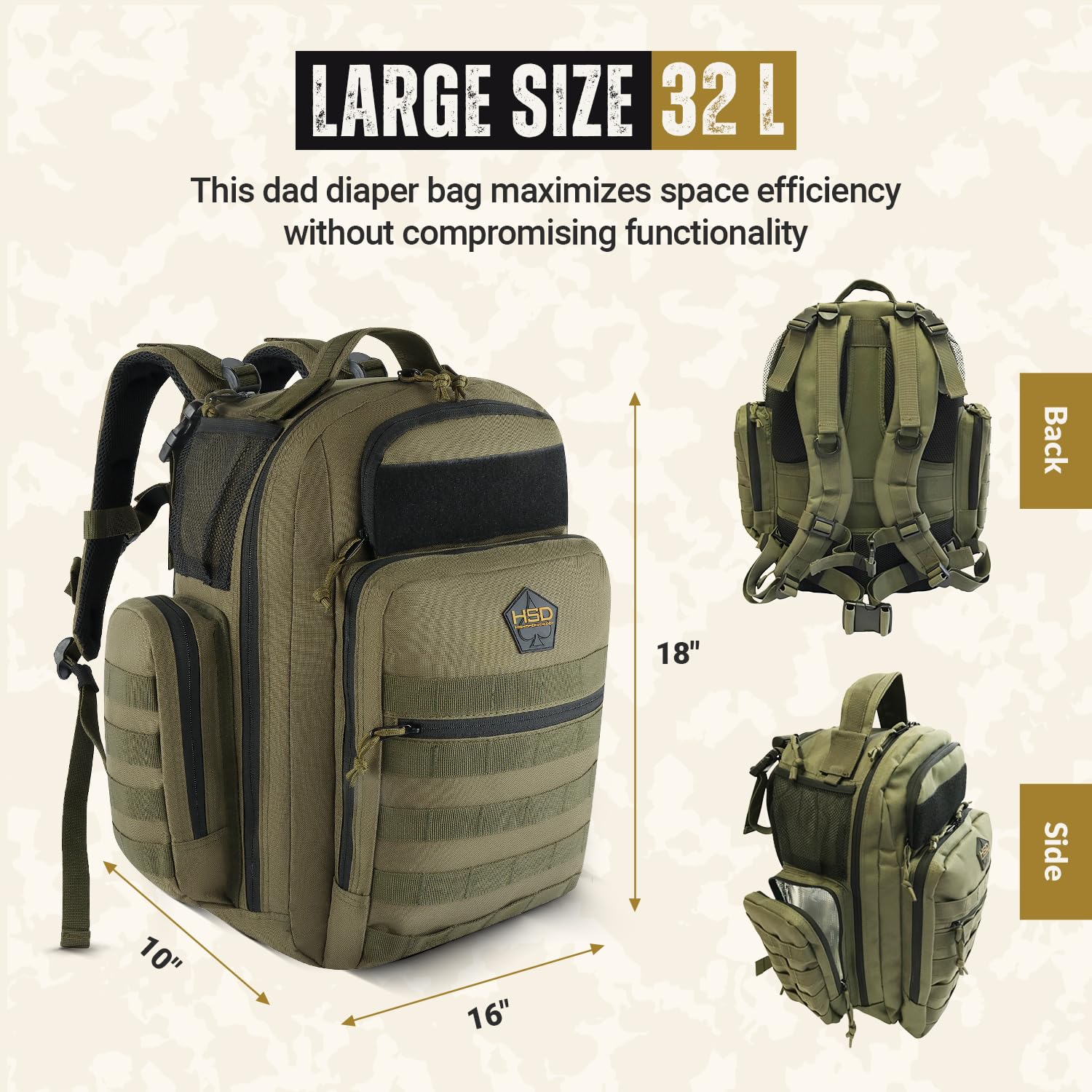 HighSpeedDaddy Ranger Green diaper bag side pocket open for quick access.