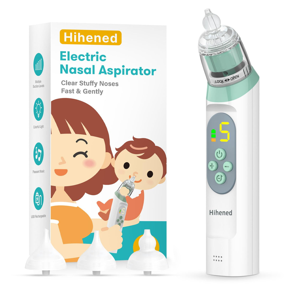 Hihened electric nasal aspirator for babies with gentle silicone tip