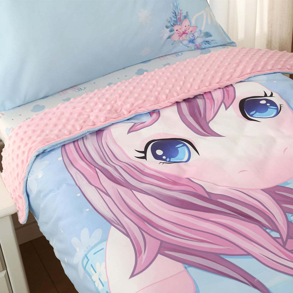 Hilabab unicorn flat sheet covers the bed for neat, tidy sleep space.