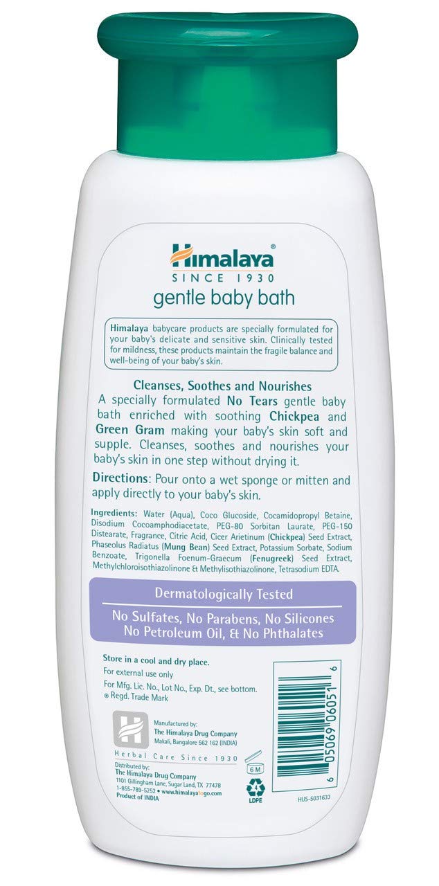 Himalaya Gentle Baby Bath pack back highlights free-from chemicals and dermatologist-tested claims