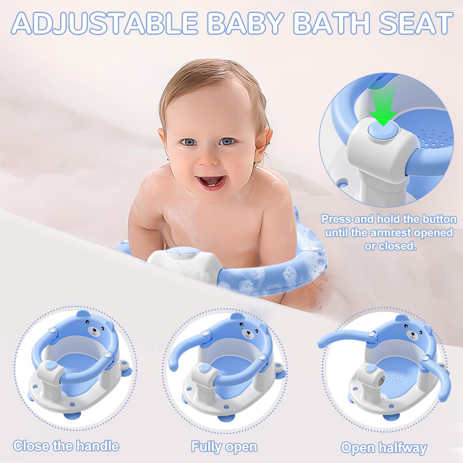 Himold bath seat with four suction cups grips smooth tubs securely.