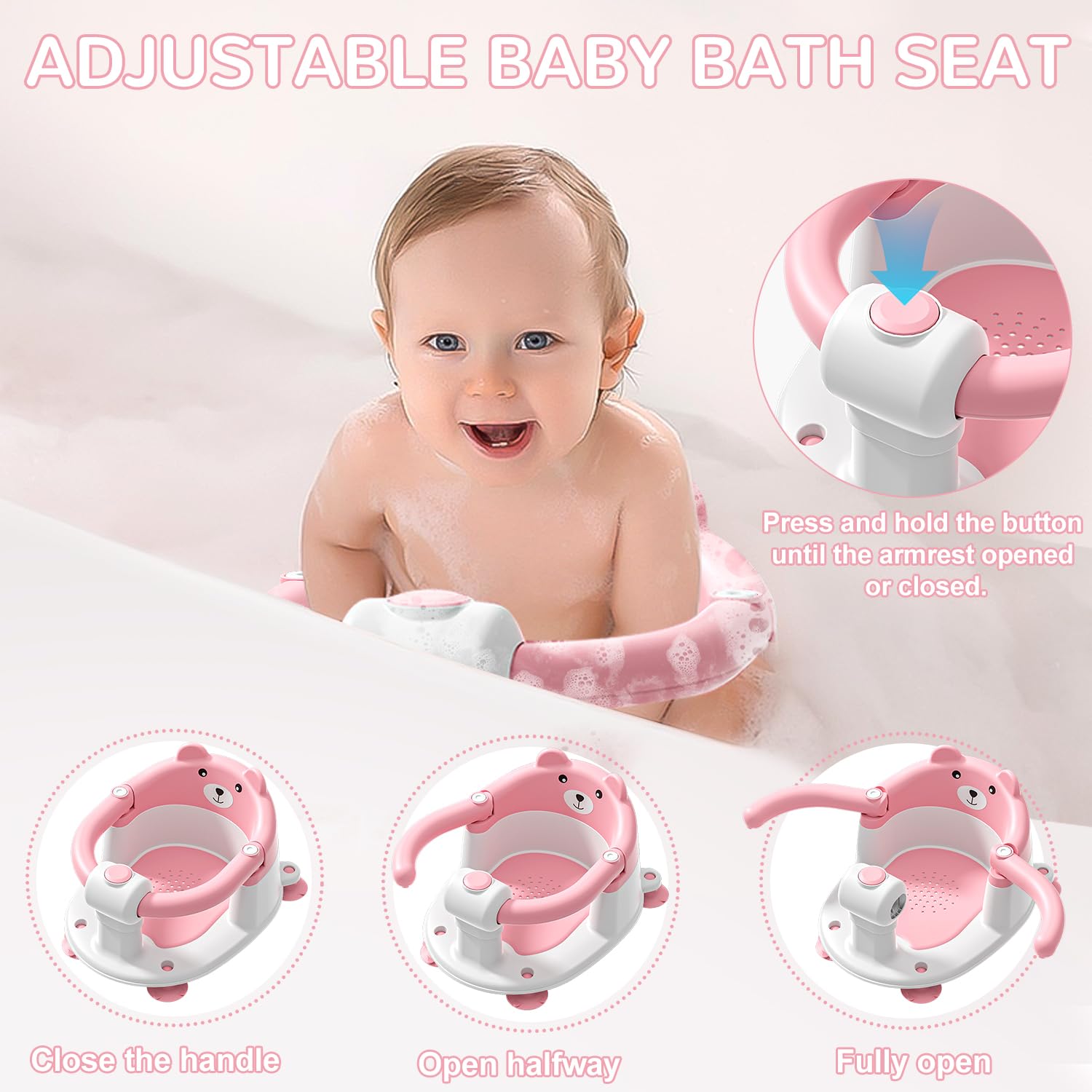 Himold bath seat pink, four suction cups and secure base for smooth surfaces.