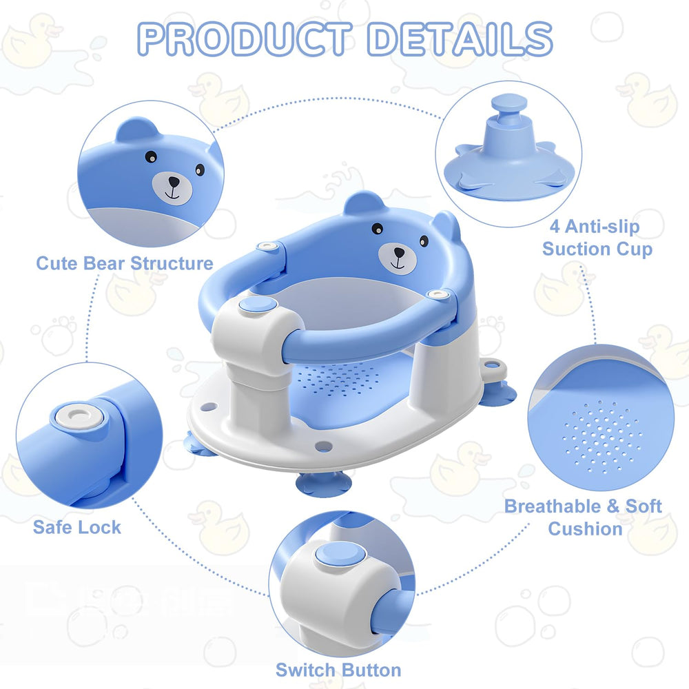 Himold bath seat ergonomic design cradles the head and supports the back during baths.